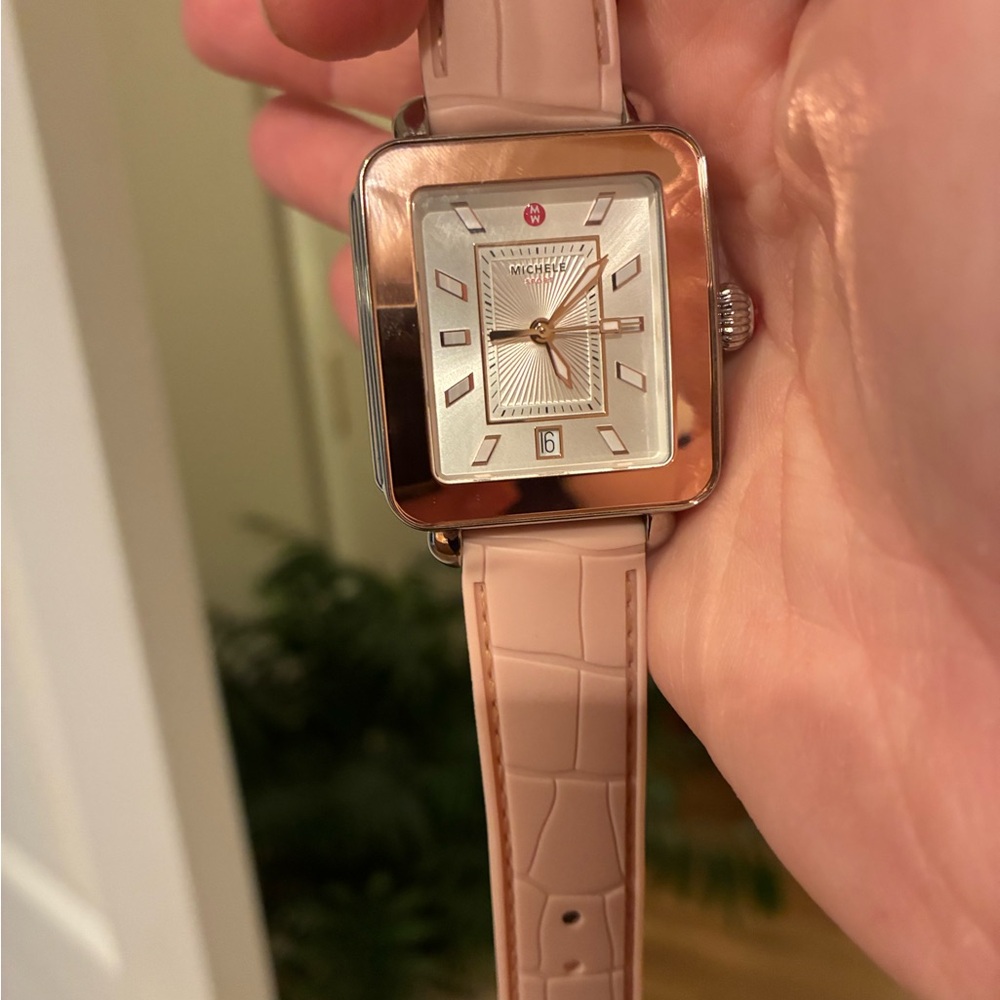Michele Deco Rose Gold Square Face Watch with Pink and Grey Bands